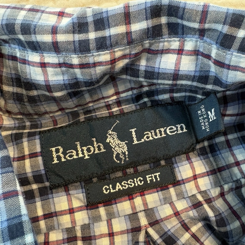 Ralph Lauren Button Down Shirt Mens Sz Medium Blue Plaid Long Sleeve 100% Cotton - Picture 2 of 9